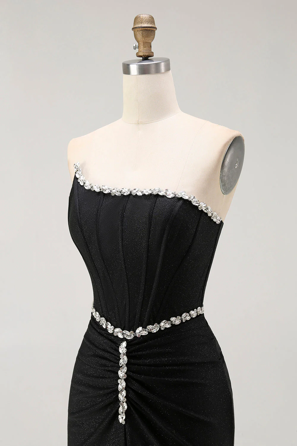 Robe de bal longue corset sans bretelles sirène noire avec perles - Image 6