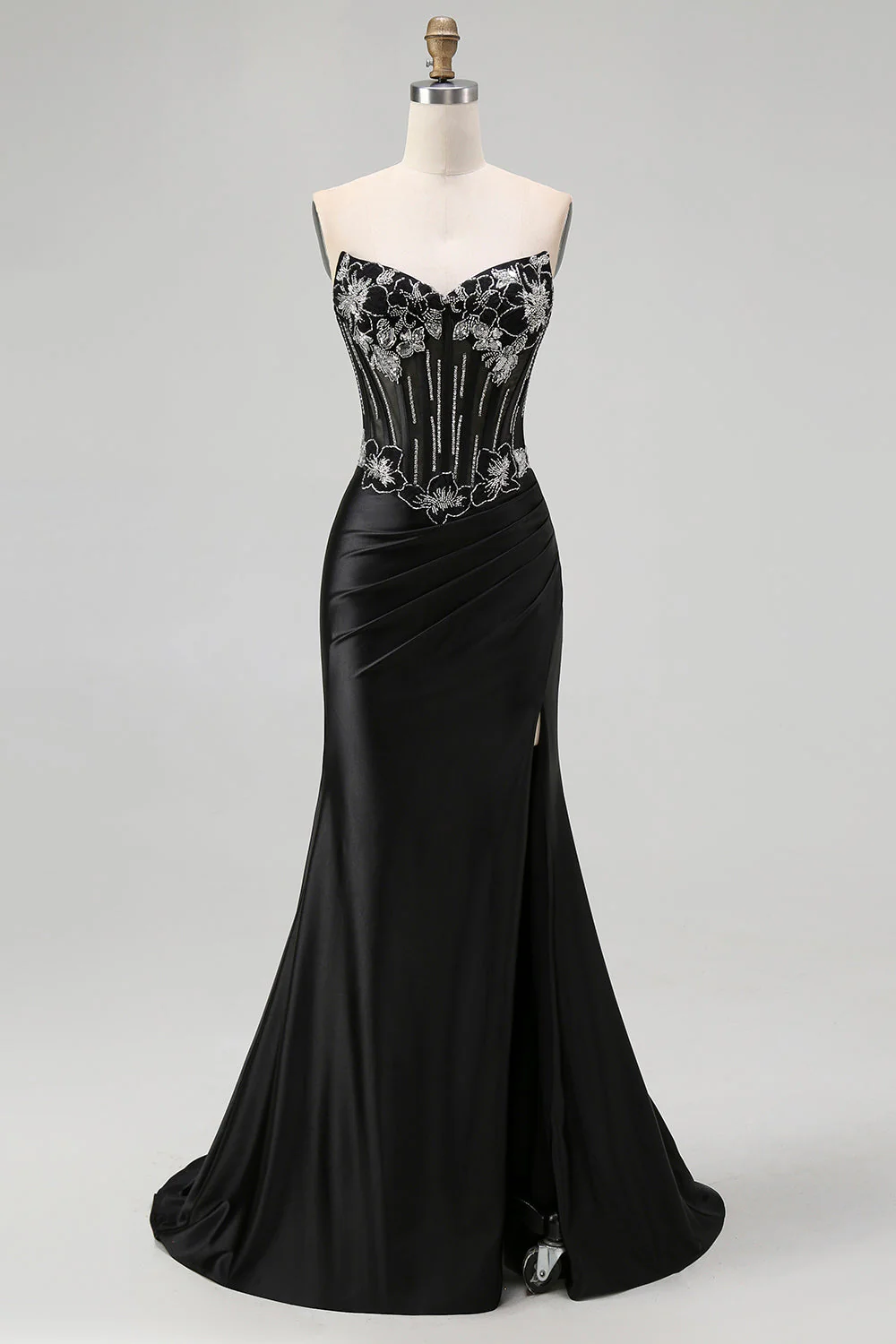 Robe De Soirée longue corset sirène sans bretelles noire avec lacets dans le dos