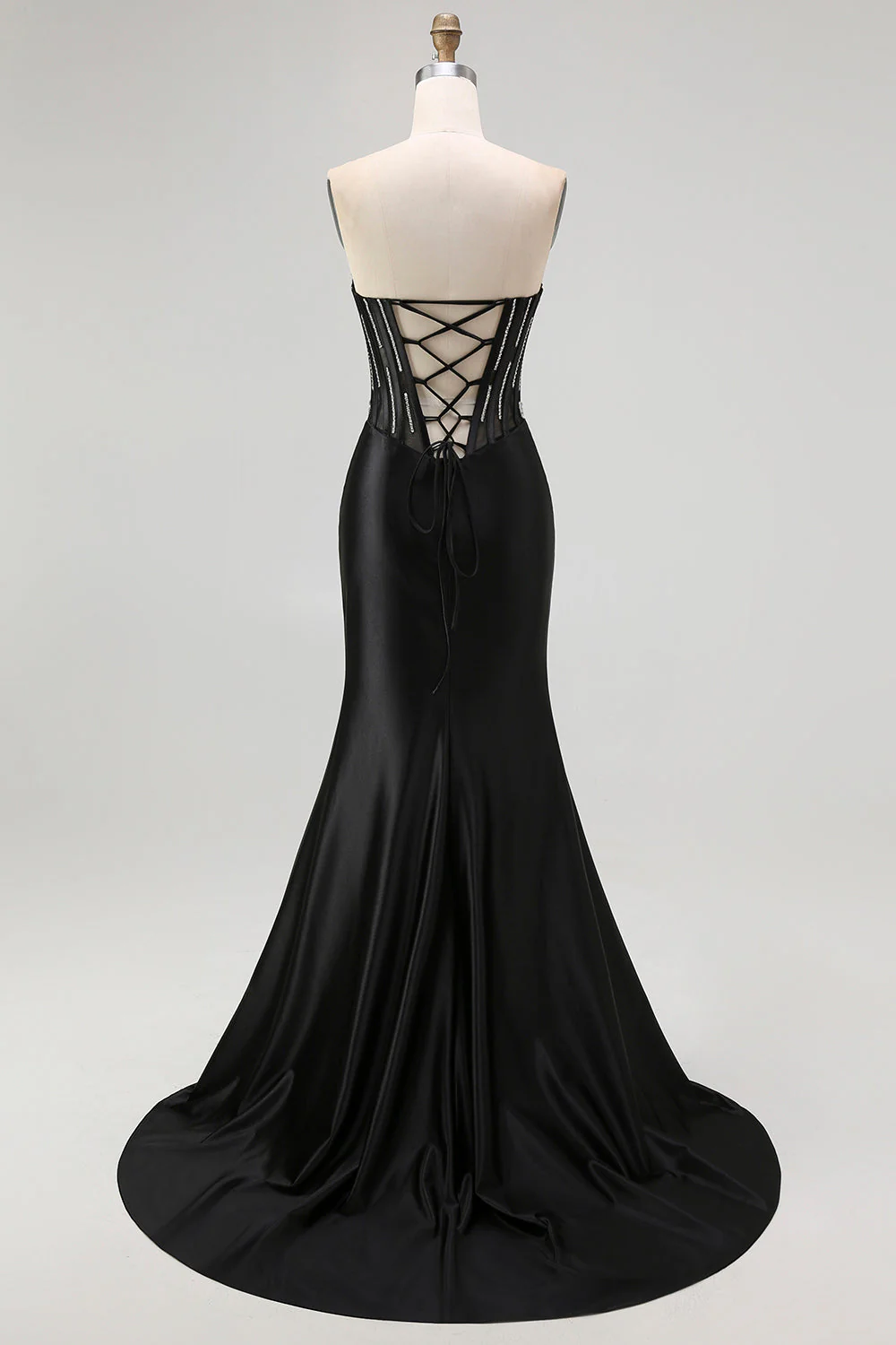 Robe De Soirée longue corset sirène sans bretelles noire avec lacets dans le dos - Image 2