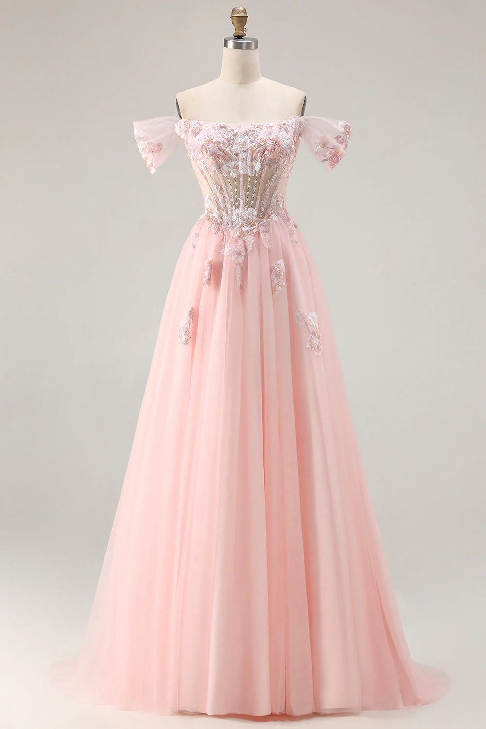 Robe de bal longue corset transparent perlée à la ligne A rose et à paillettes