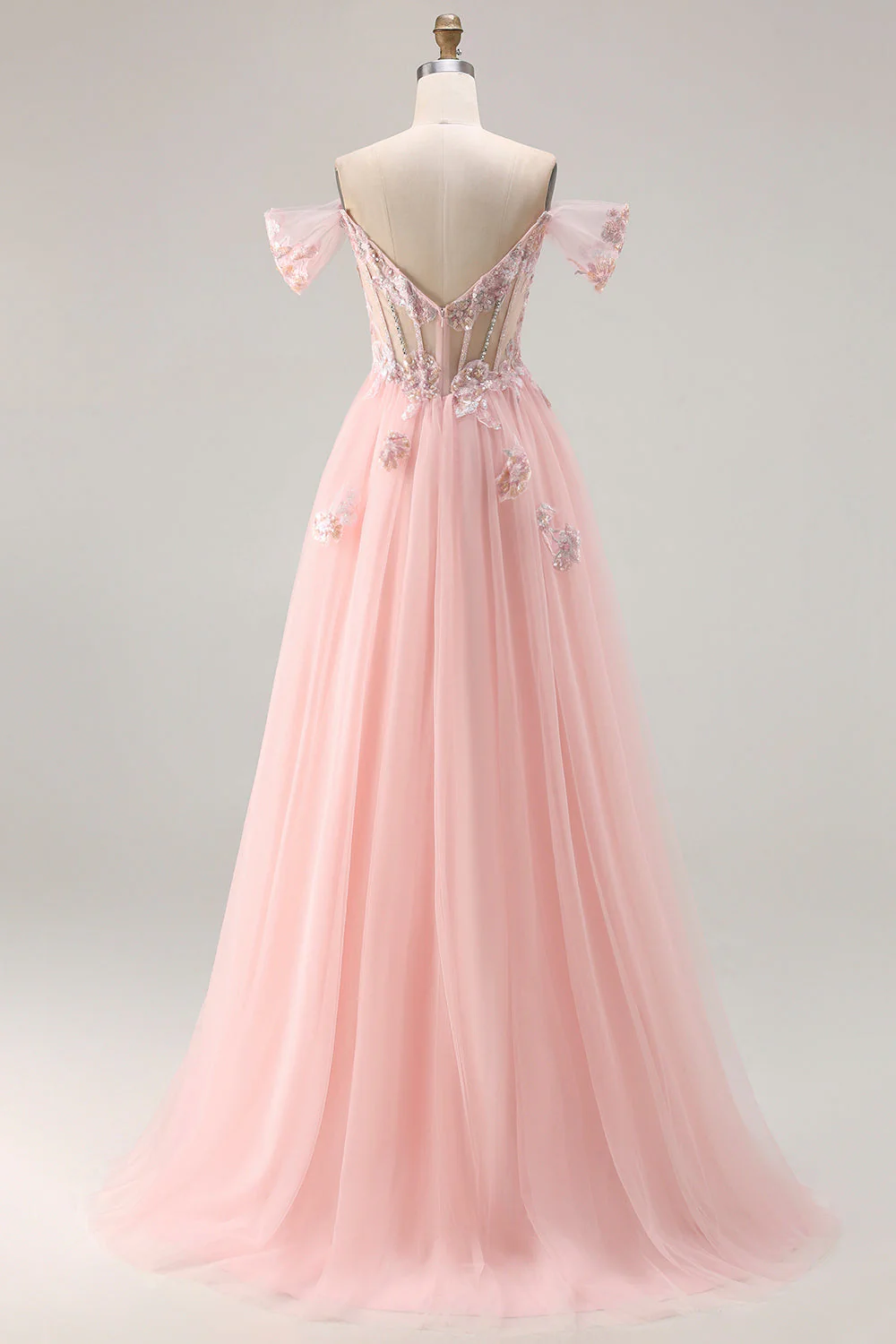 Robe de bal longue corset transparent perlée à la ligne A rose et à paillettes - Image 2