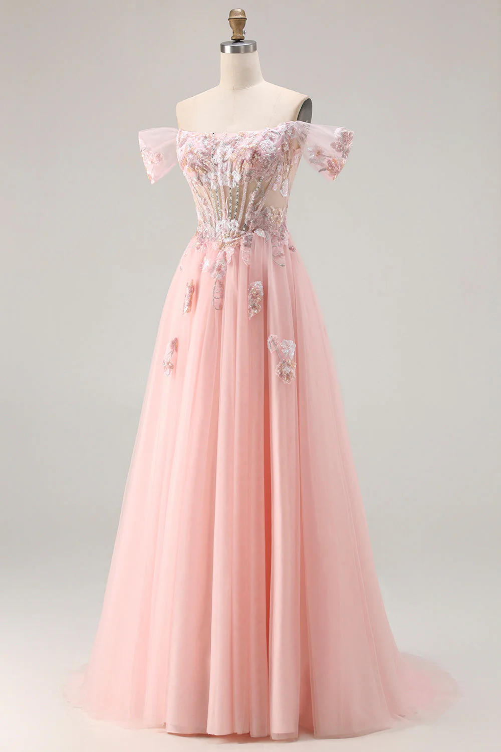 Robe de bal longue corset transparent perlée à la ligne A rose et à paillettes - Image 3
