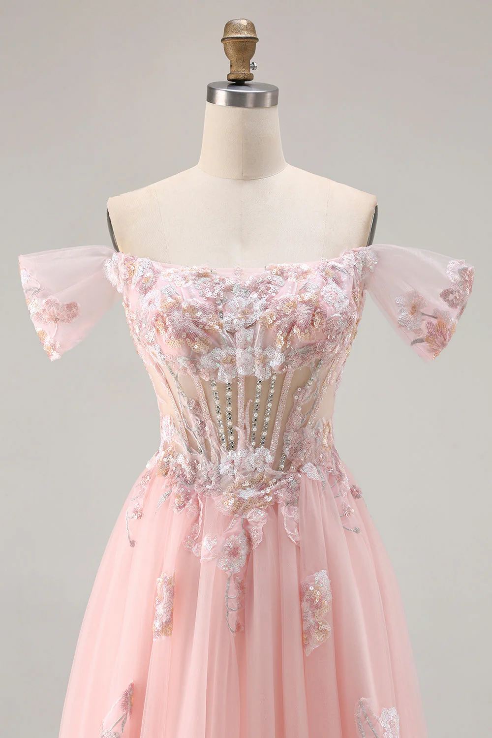 Robe de bal longue corset transparent perlée à la ligne A rose et à paillettes - Image 4