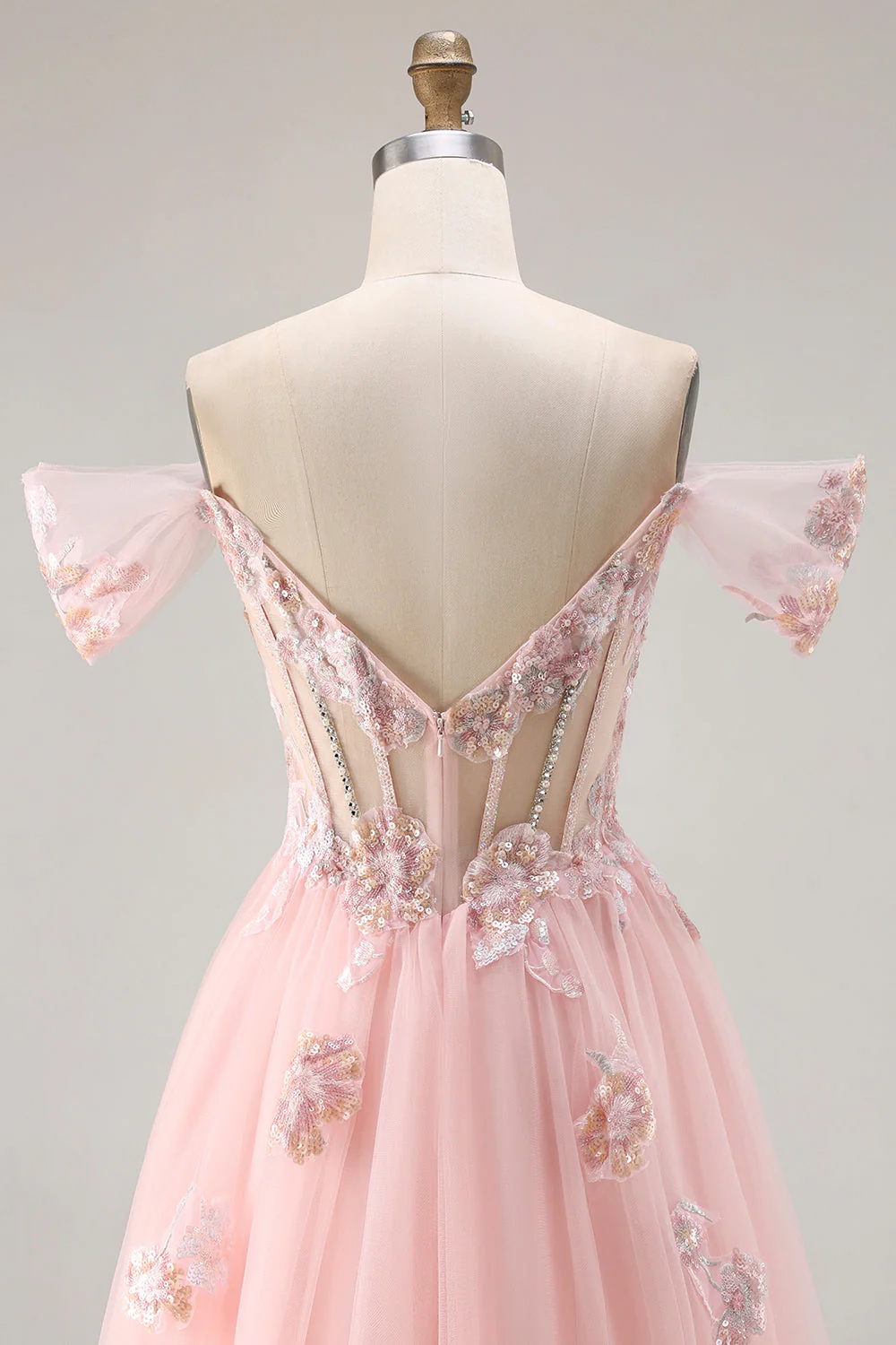 Robe de bal longue corset transparent perlée à la ligne A rose et à paillettes - Image 5