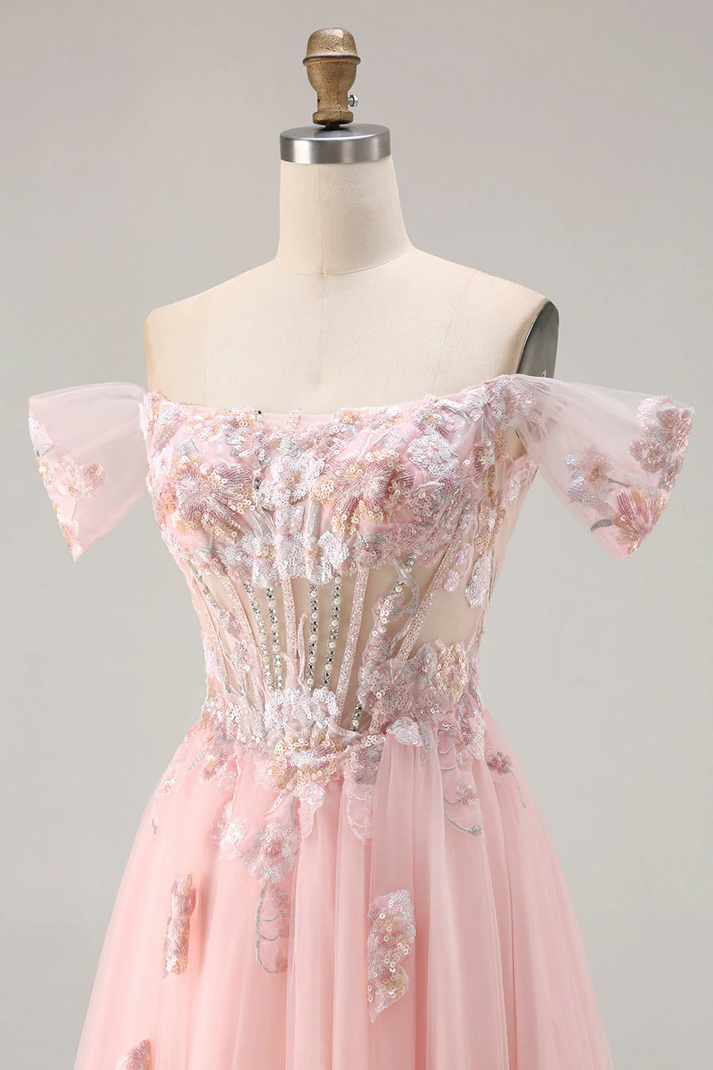 Robe de bal longue corset transparent perlée à la ligne A rose et à paillettes - Image 6