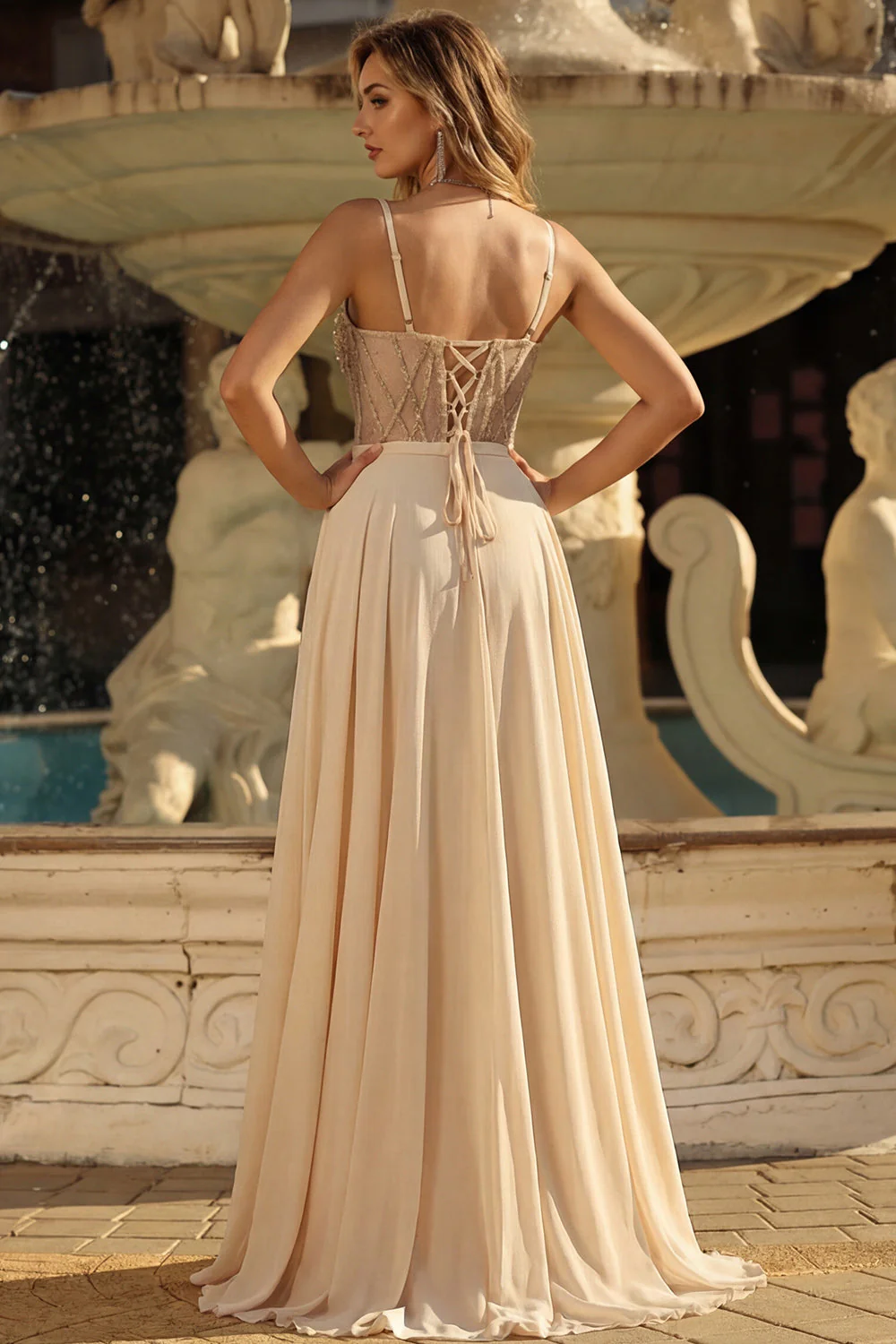 Robe de bal longue corset transparente en corset de champagne A - Image 2