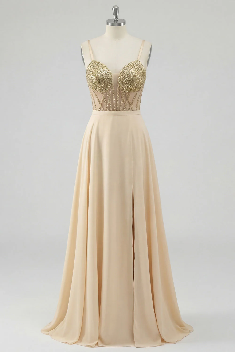 Robe de bal longue corset transparente en corset de champagne A - Image 5