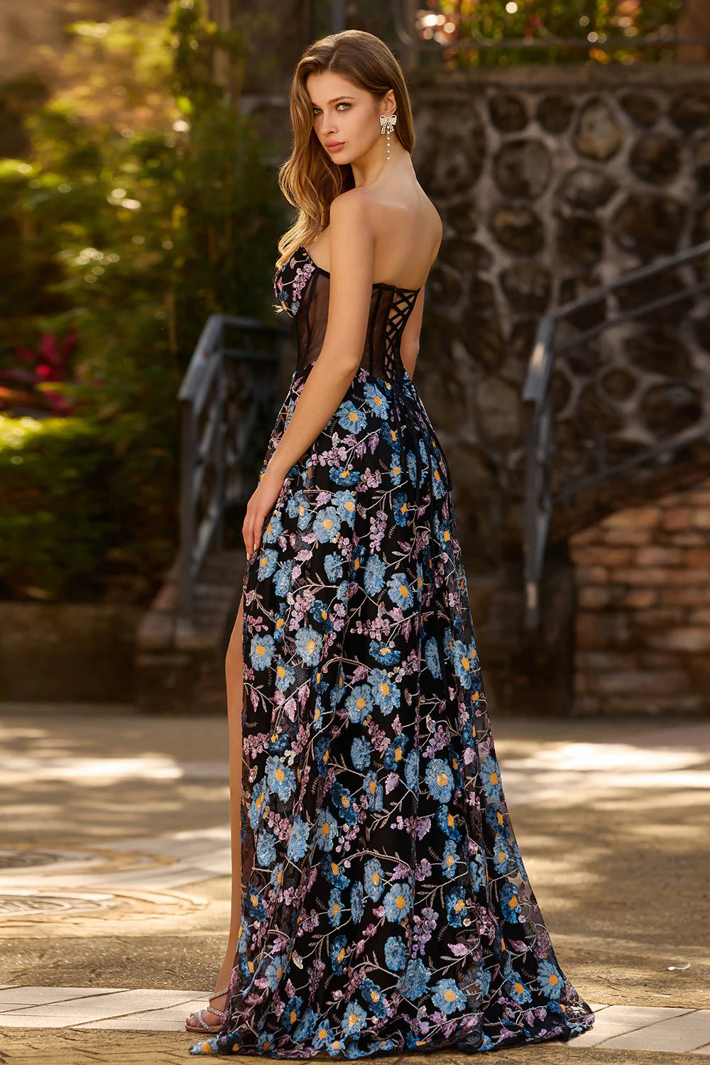 Robe de bal longue corset transparente sans bretelles florales sans bretelles A Line - Image 2