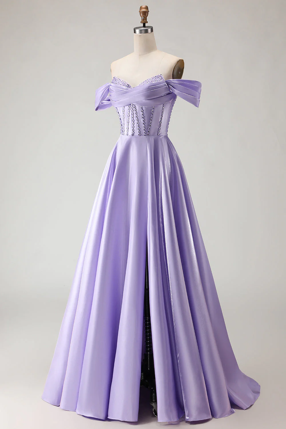 Robe de bal longue corset violette perlée aux épaules décollées - Image 3