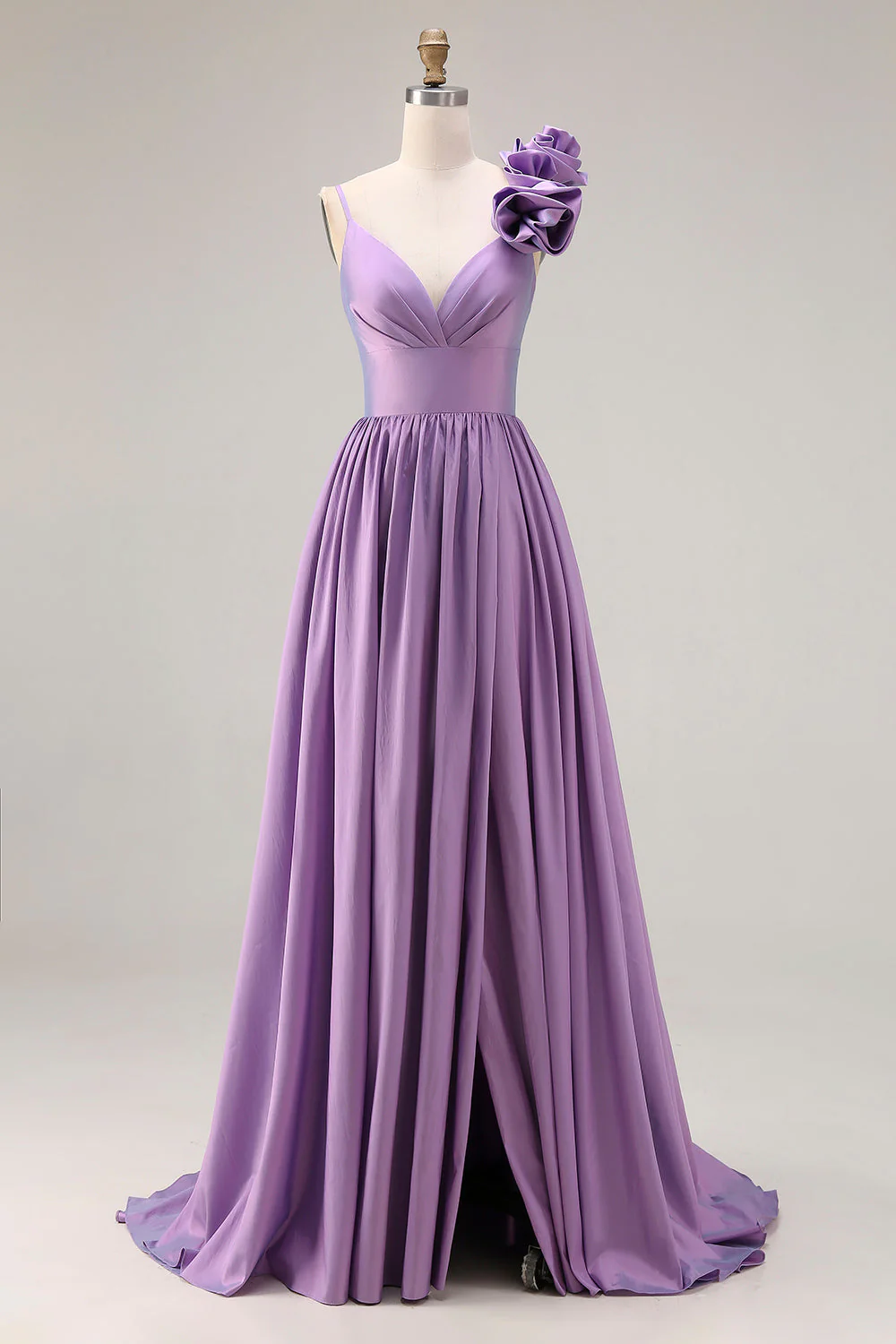 Robe de bal longue de bal 3D à bretelles fines en ligne A violette avec fente