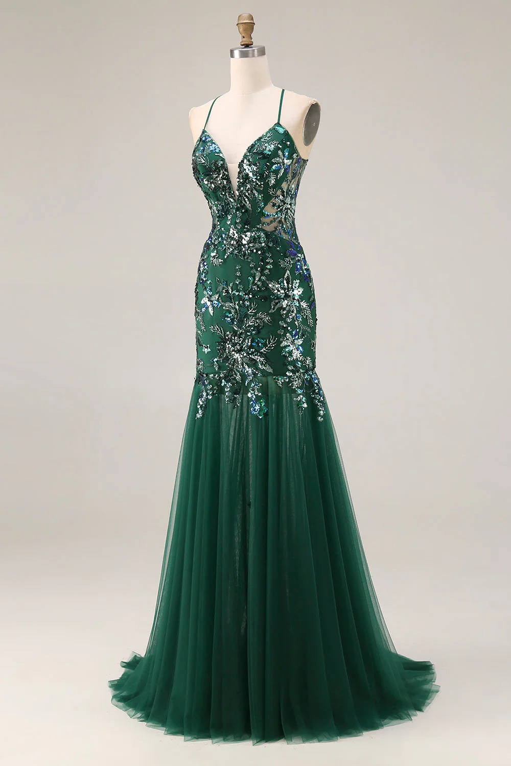 Robe de soirée longue fourreau vert foncé scintillante avec paillettes - Image 3
