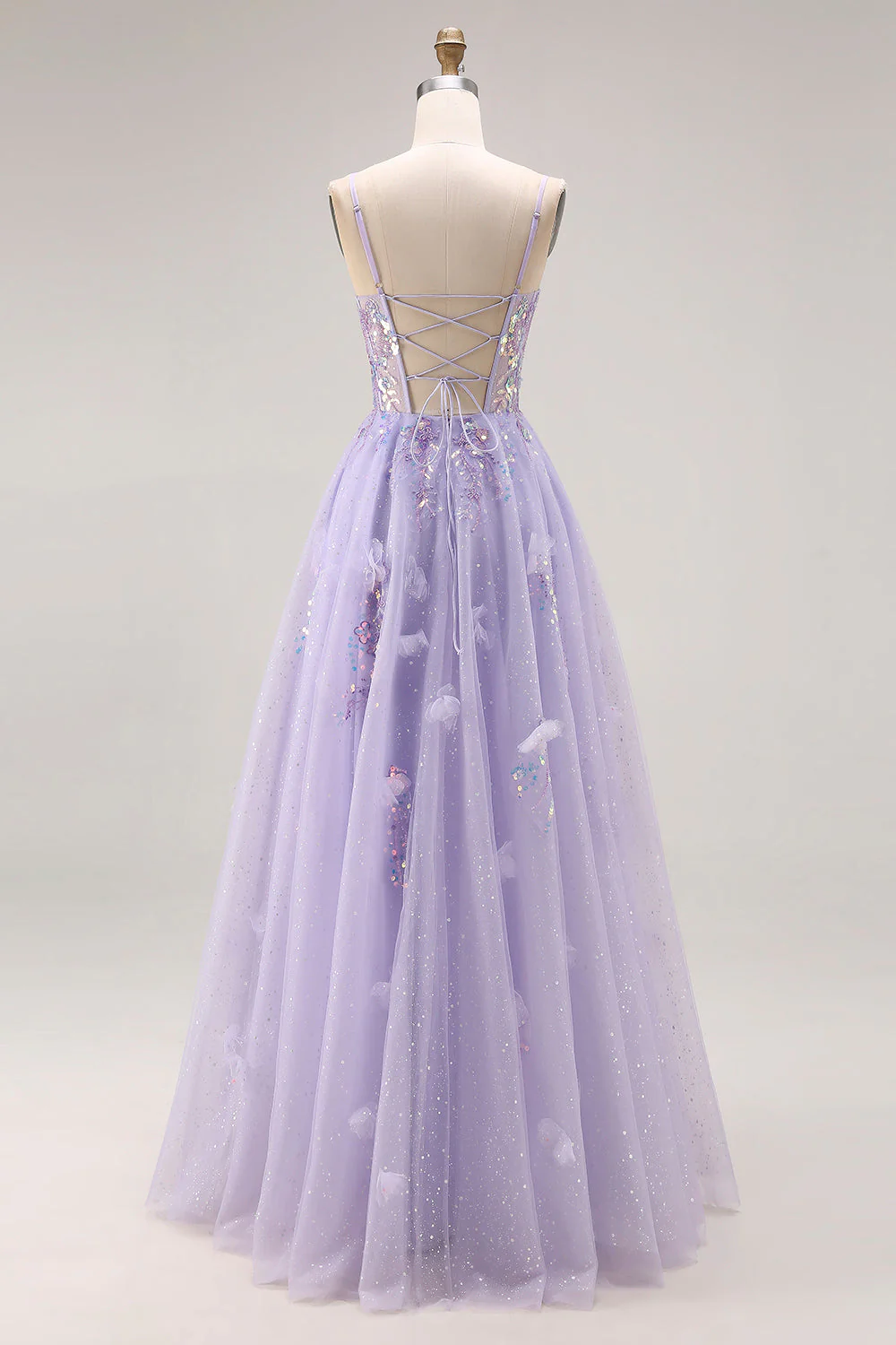 Robe de bal longue de bal à la ligne A-line perlée violet clair en dentelle perlée dans le dos - Image 2