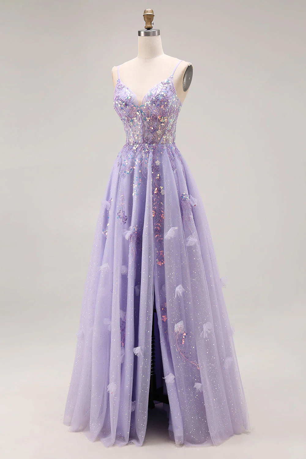 Robe de bal longue de bal à la ligne A-line perlée violet clair en dentelle perlée dans le dos - Image 3