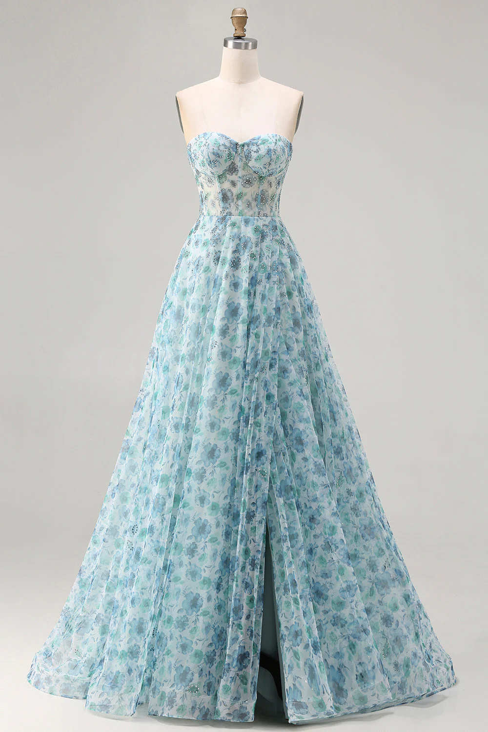 Robe de soirée longue bleue coupe A à motif floral avec fente élégante