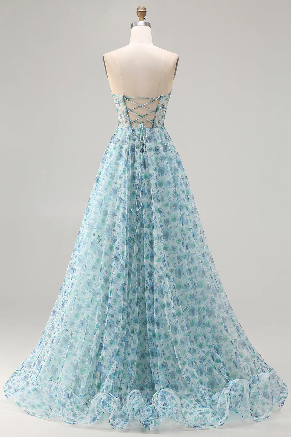 Robe de soirée longue bleue coupe A à motif floral avec fente élégante - Image 2