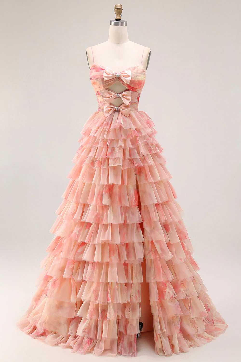 Robe de bal longue de bal à la ligne florale découpée à plusieurs niveaux, nœud, coucher de soleil et fente