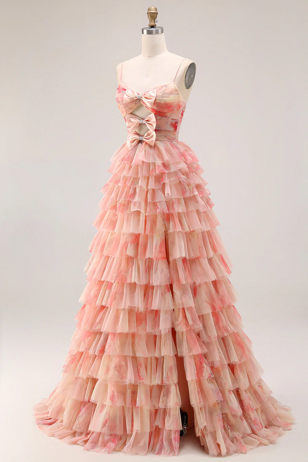Robe de bal longue de bal à la ligne florale découpée à plusieurs niveaux, nœud, coucher de soleil et fente - Image 3
