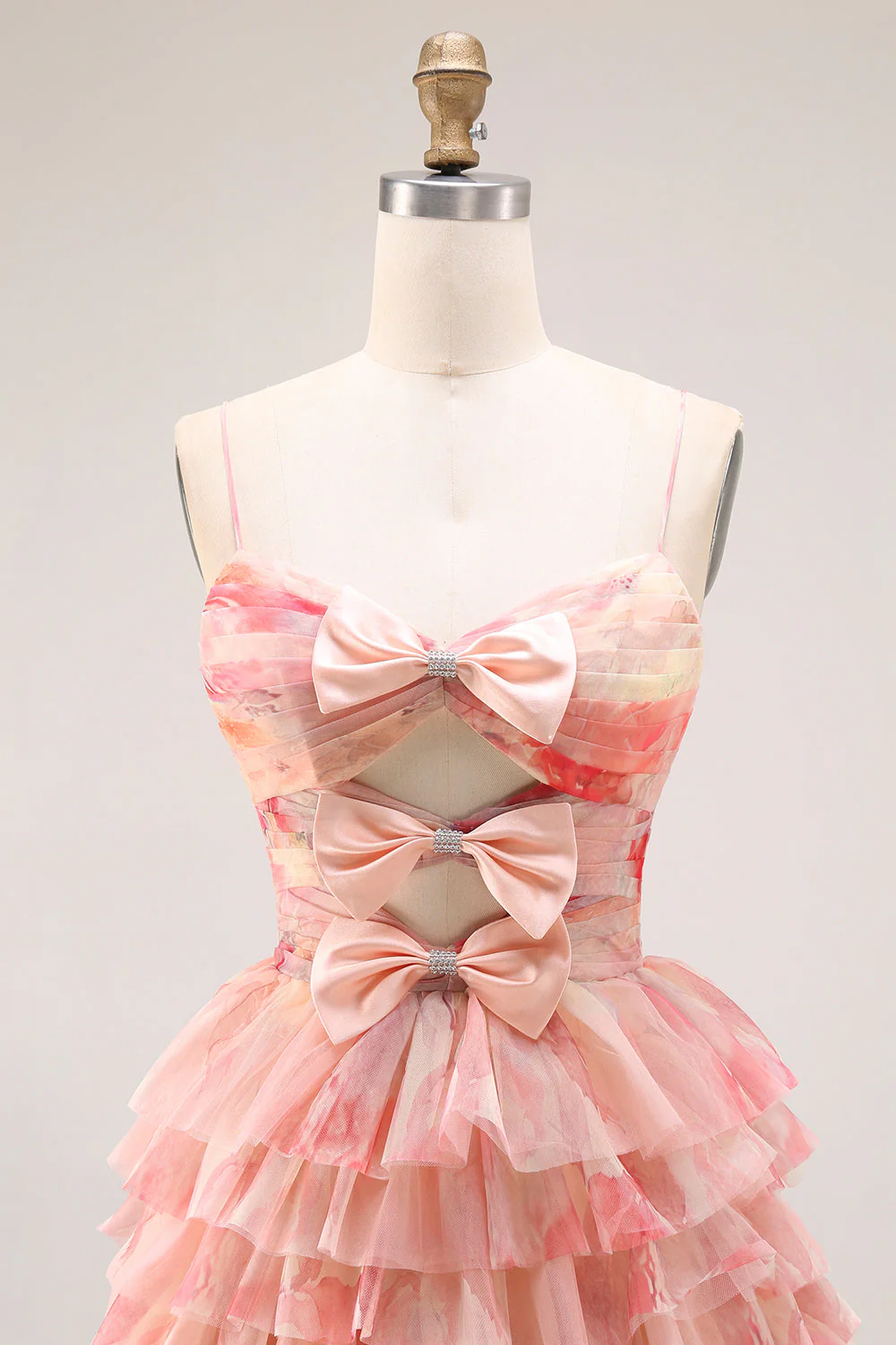 Robe de bal longue de bal à la ligne florale découpée à plusieurs niveaux, nœud, coucher de soleil et fente - Image 4