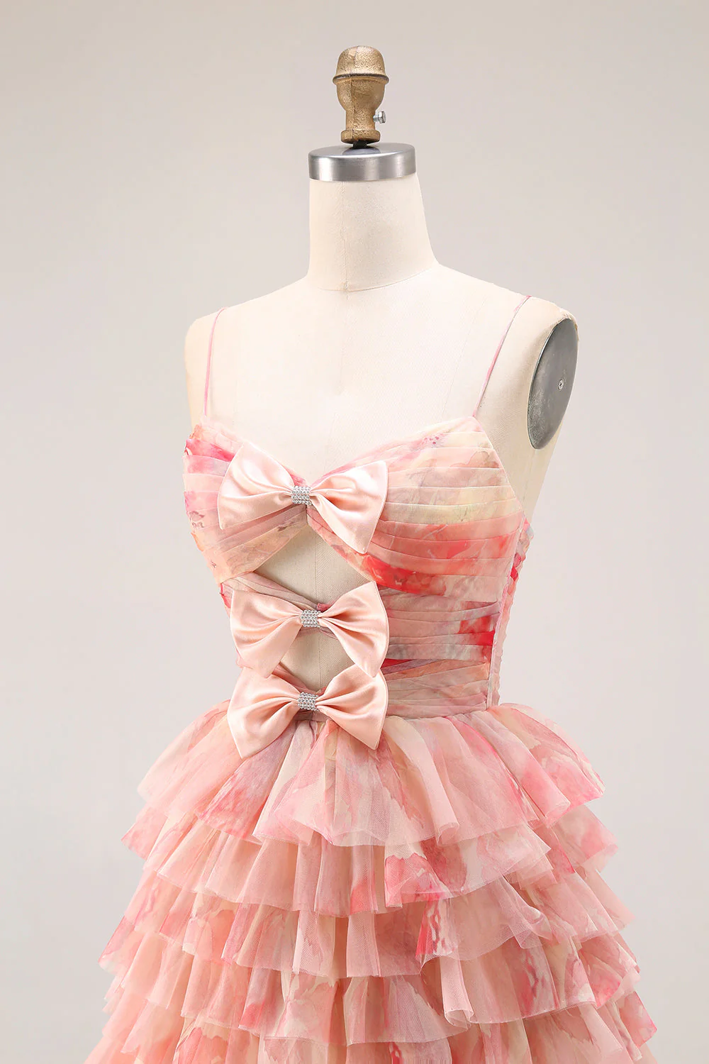 Robe de bal longue de bal à la ligne florale découpée à plusieurs niveaux, nœud, coucher de soleil et fente - Image 6