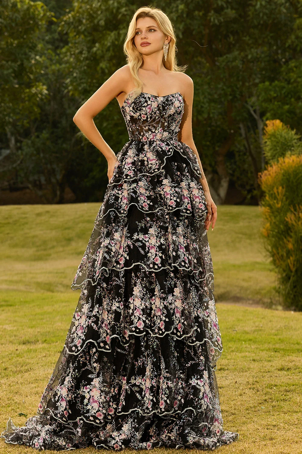 Robe de bal longue de bal à paillettes à paillettes en fleurs noires roses, sans bretelles - Image 5
