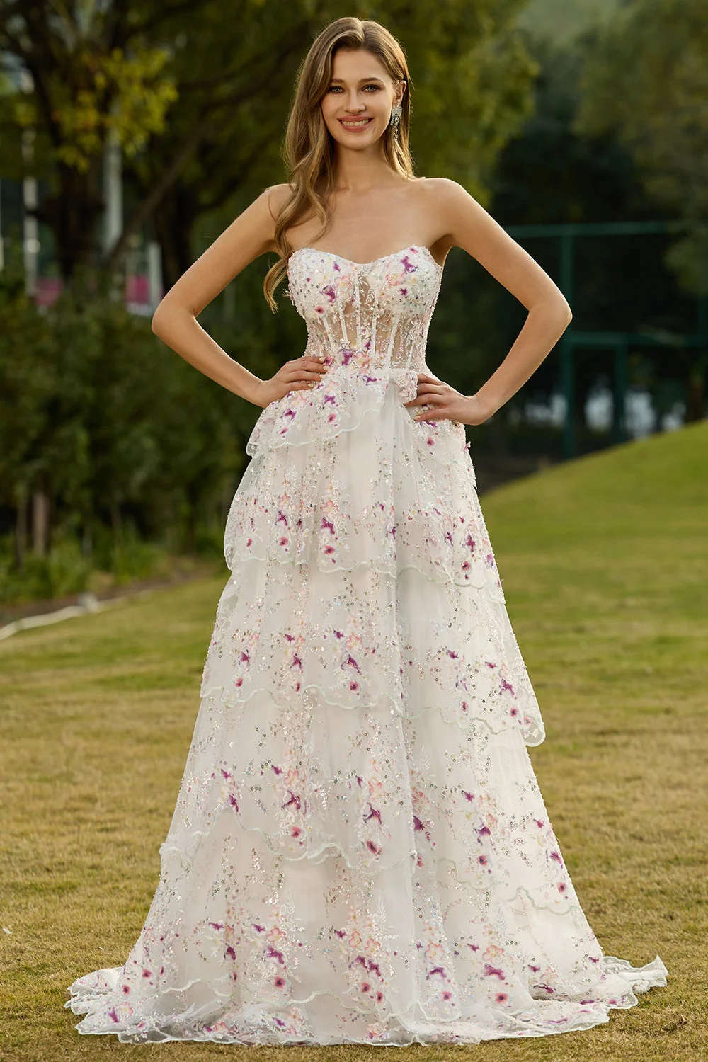 Robe de bal longue de bal à paillettes à paillettes en fleurs noires roses, sans bretelles - Image 7