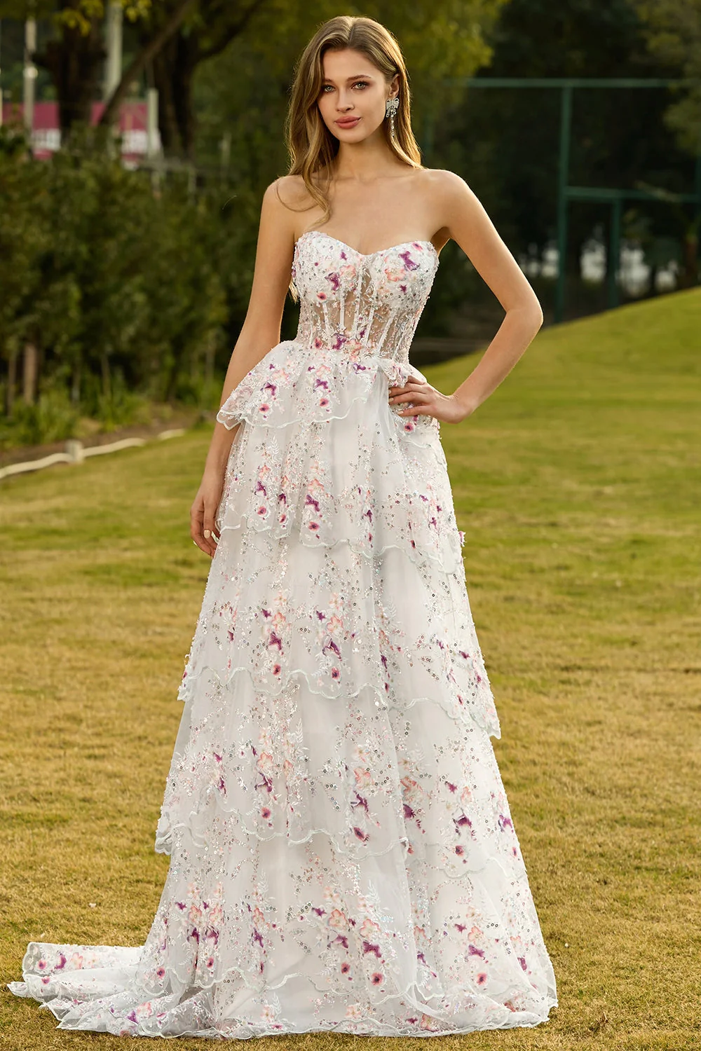 Robe de bal longue de bal à paillettes à paillettes en fleurs noires roses, sans bretelles - Image 9