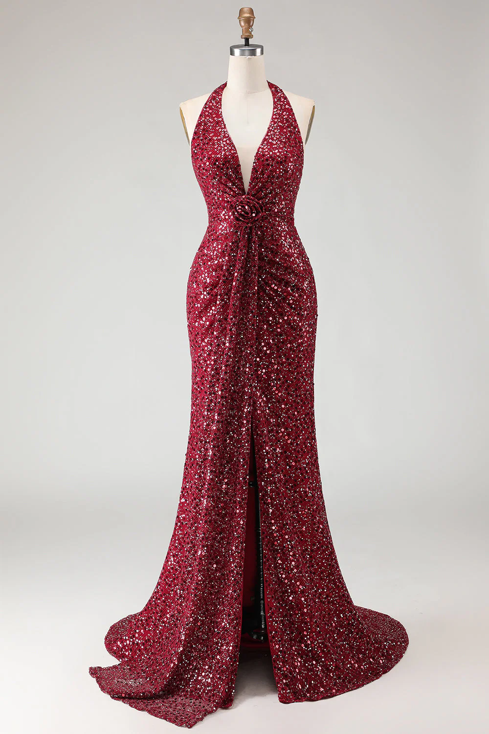 Robe de bal longue de bal à paillettes en sirène bourgogne scintillante - Image 3