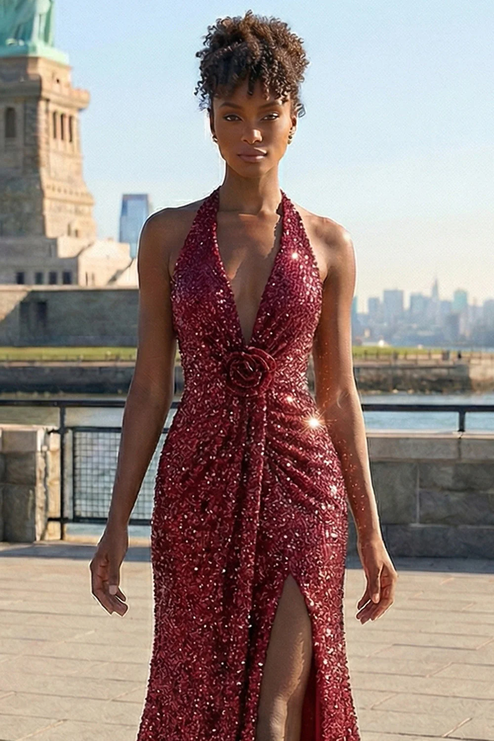Robe de bal longue de bal à paillettes en sirène bourgogne scintillante - Image 7