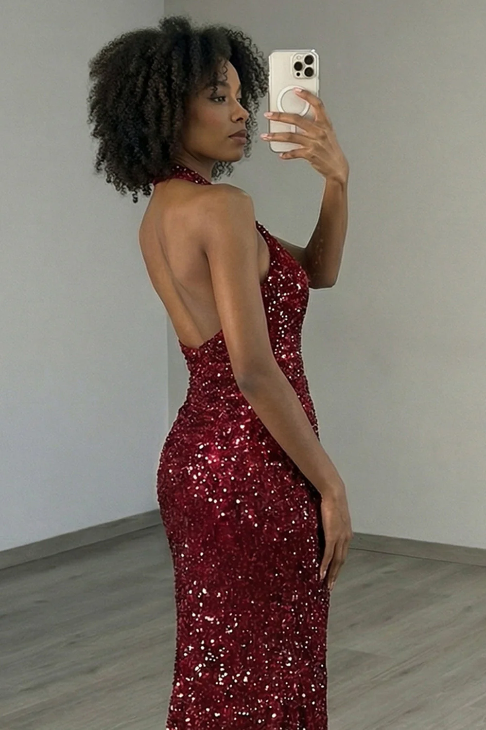 Robe de bal longue de bal à paillettes en sirène bourgogne scintillante - Image 9