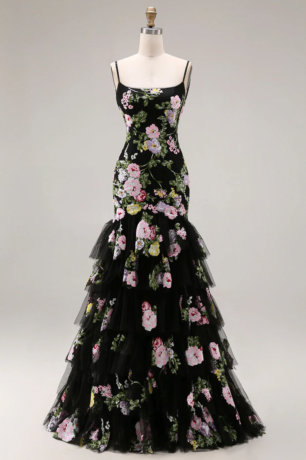 Robe de bal longue de bal à paillettes fleur rose noire et dentelle dans le dos