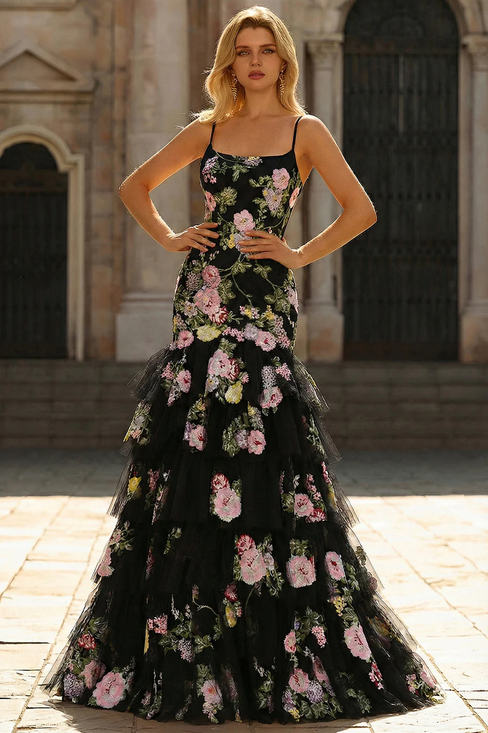Robe de bal longue de bal à paillettes fleur rose noire et dentelle dans le dos - Image 2