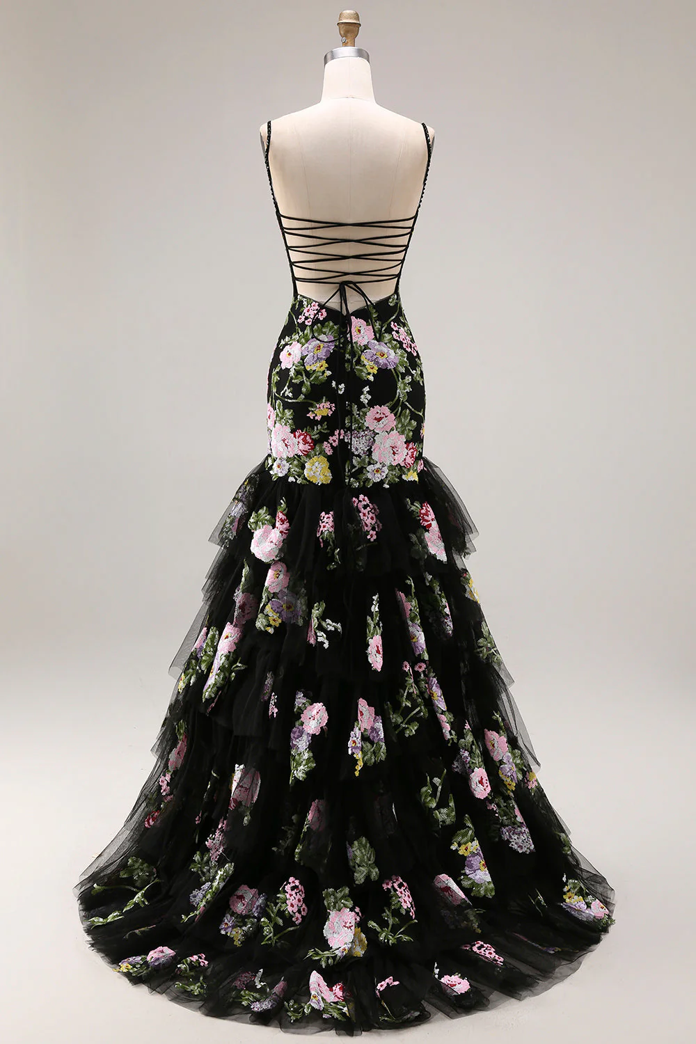 Robe de bal longue de bal à paillettes fleur rose noire et dentelle dans le dos - Image 4
