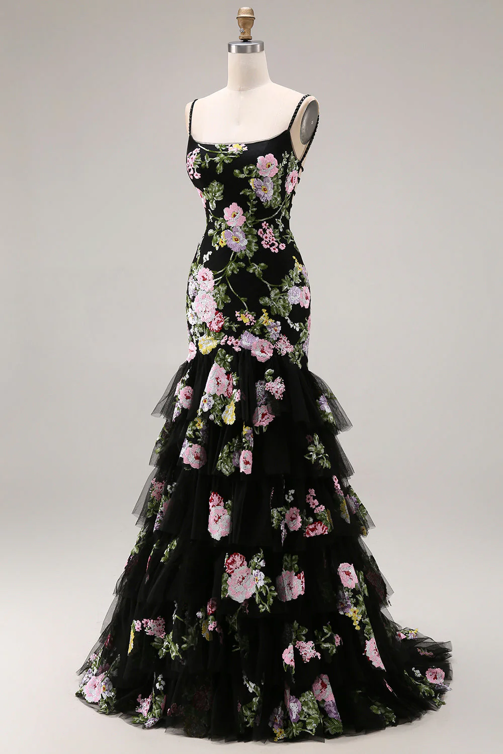 Robe de bal longue de bal à paillettes fleur rose noire et dentelle dans le dos - Image 5