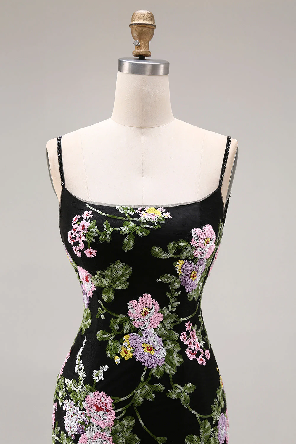 Robe de bal longue de bal à paillettes fleur rose noire et dentelle dans le dos - Image 6