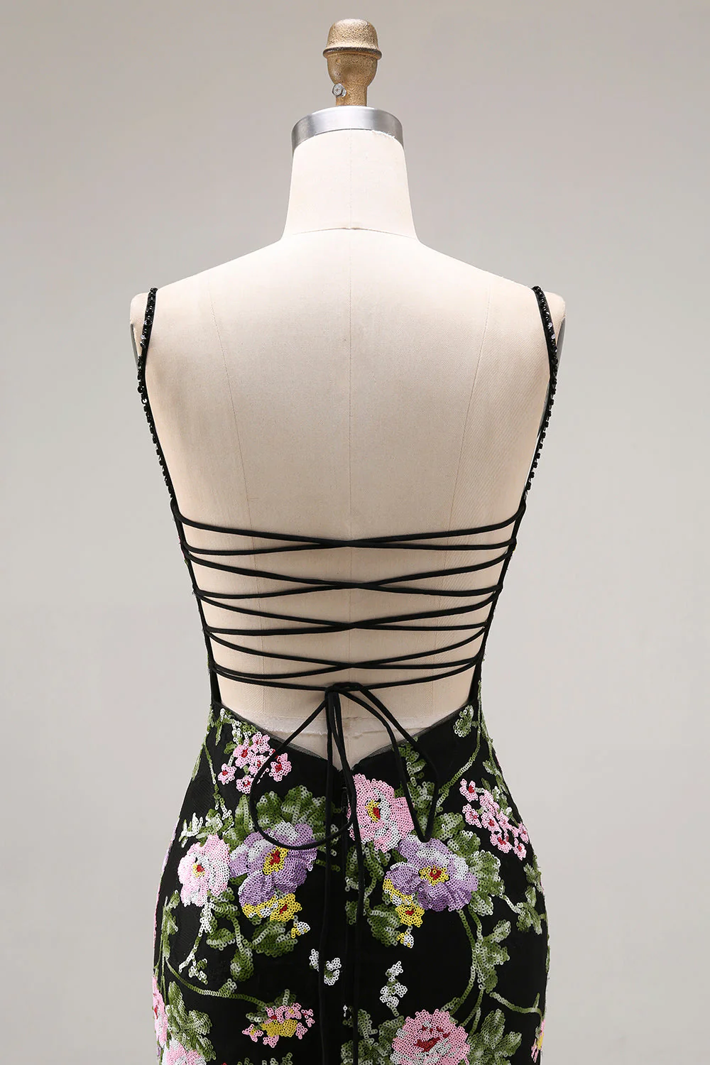 Robe de bal longue de bal à paillettes fleur rose noire et dentelle dans le dos - Image 7