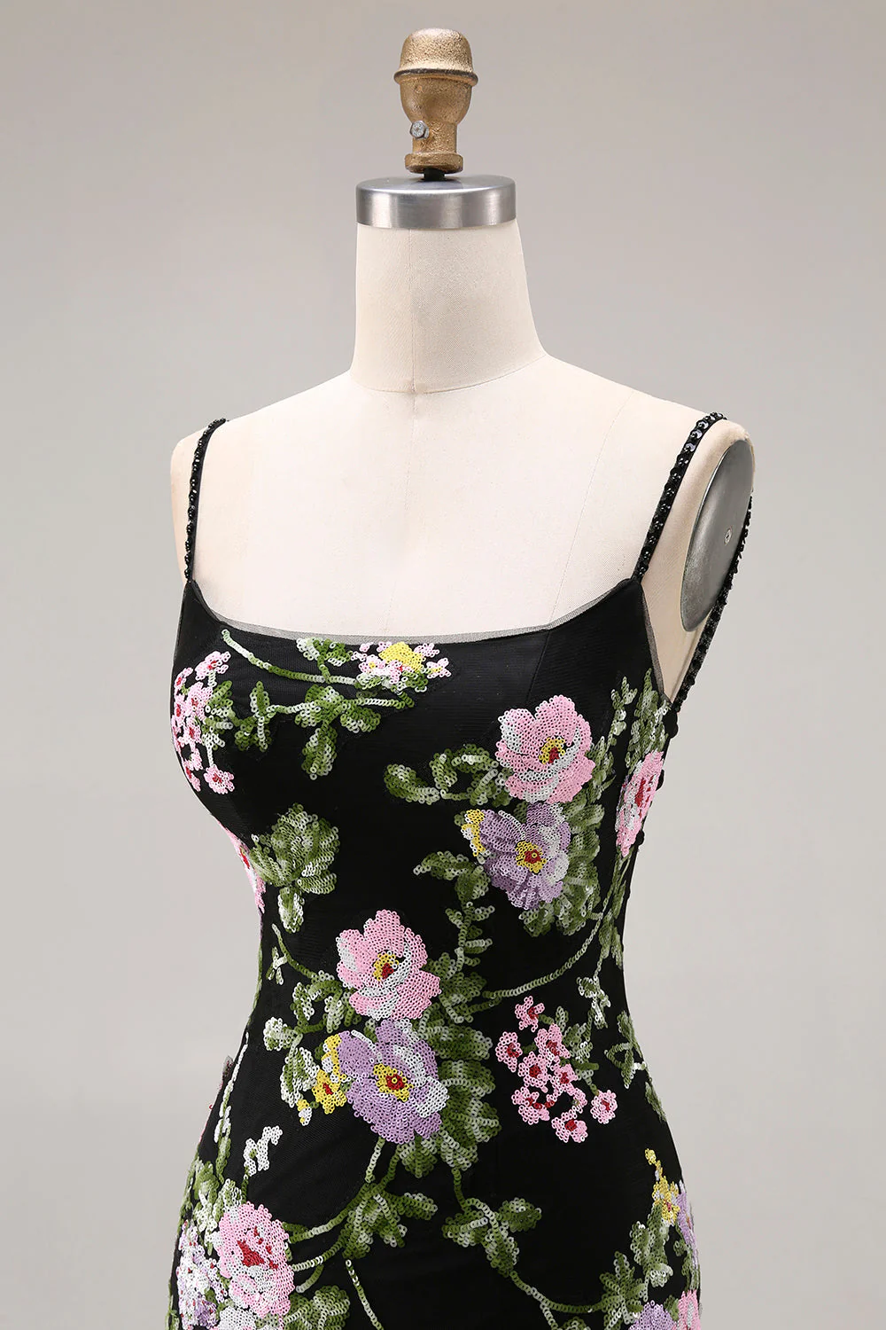 Robe de bal longue de bal à paillettes fleur rose noire et dentelle dans le dos - Image 8