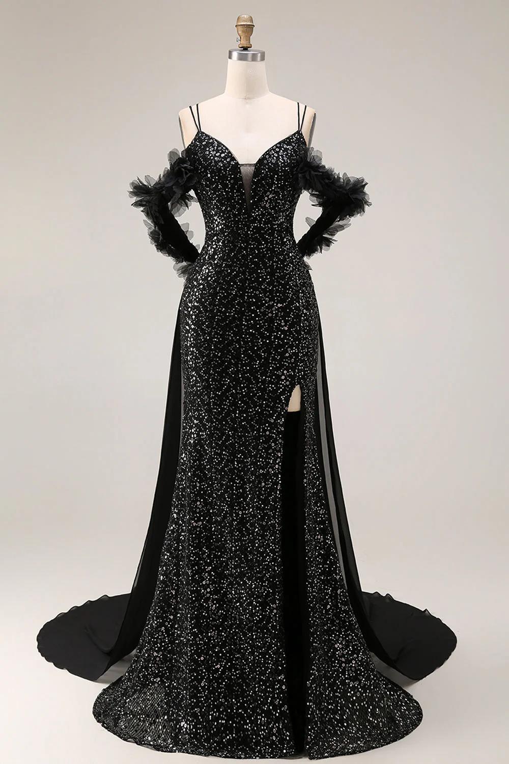 Robe de bal longue de bal à paillettes noires à épaules froides
