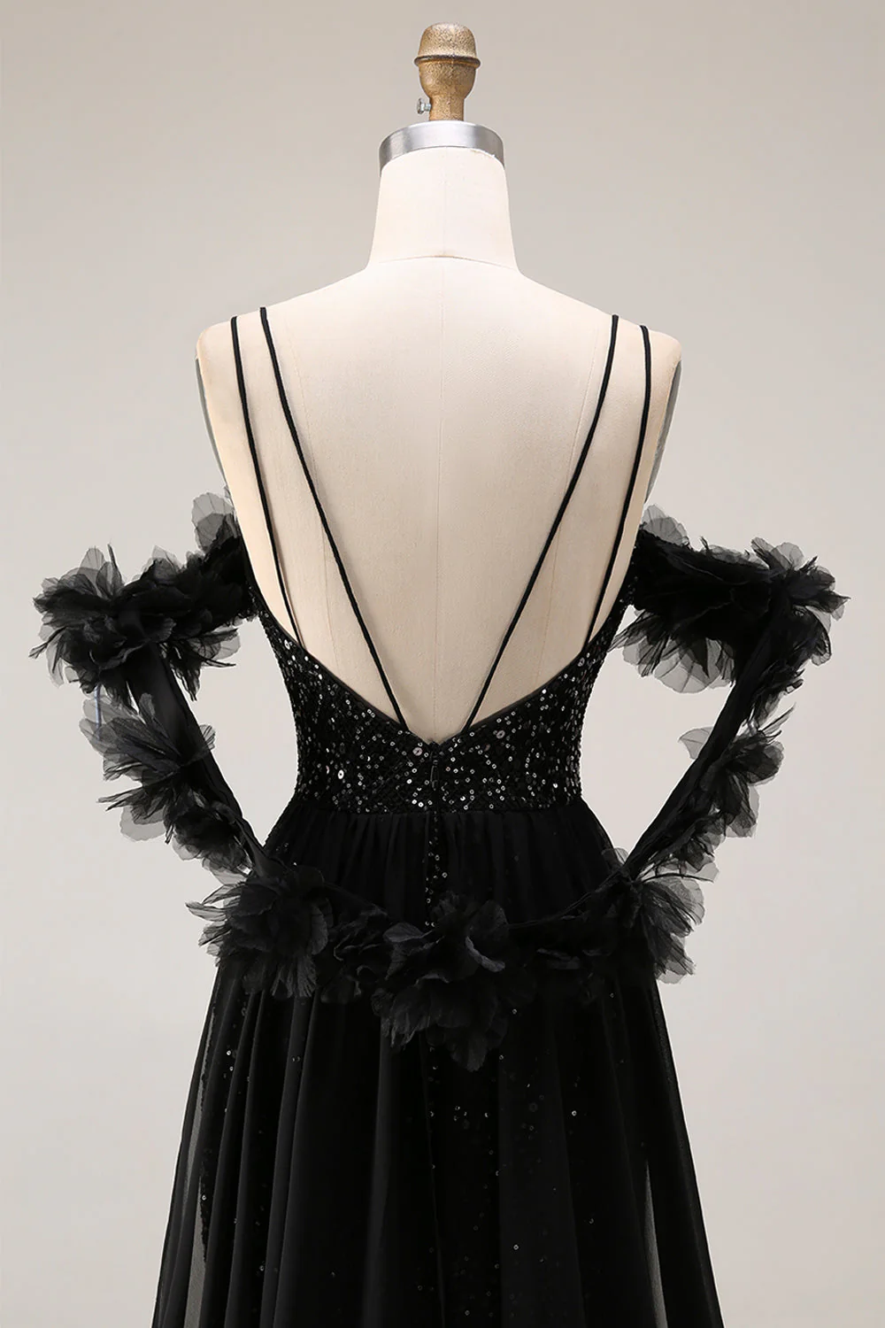 Robe de bal longue de bal à paillettes noires à épaules froides - Image 5