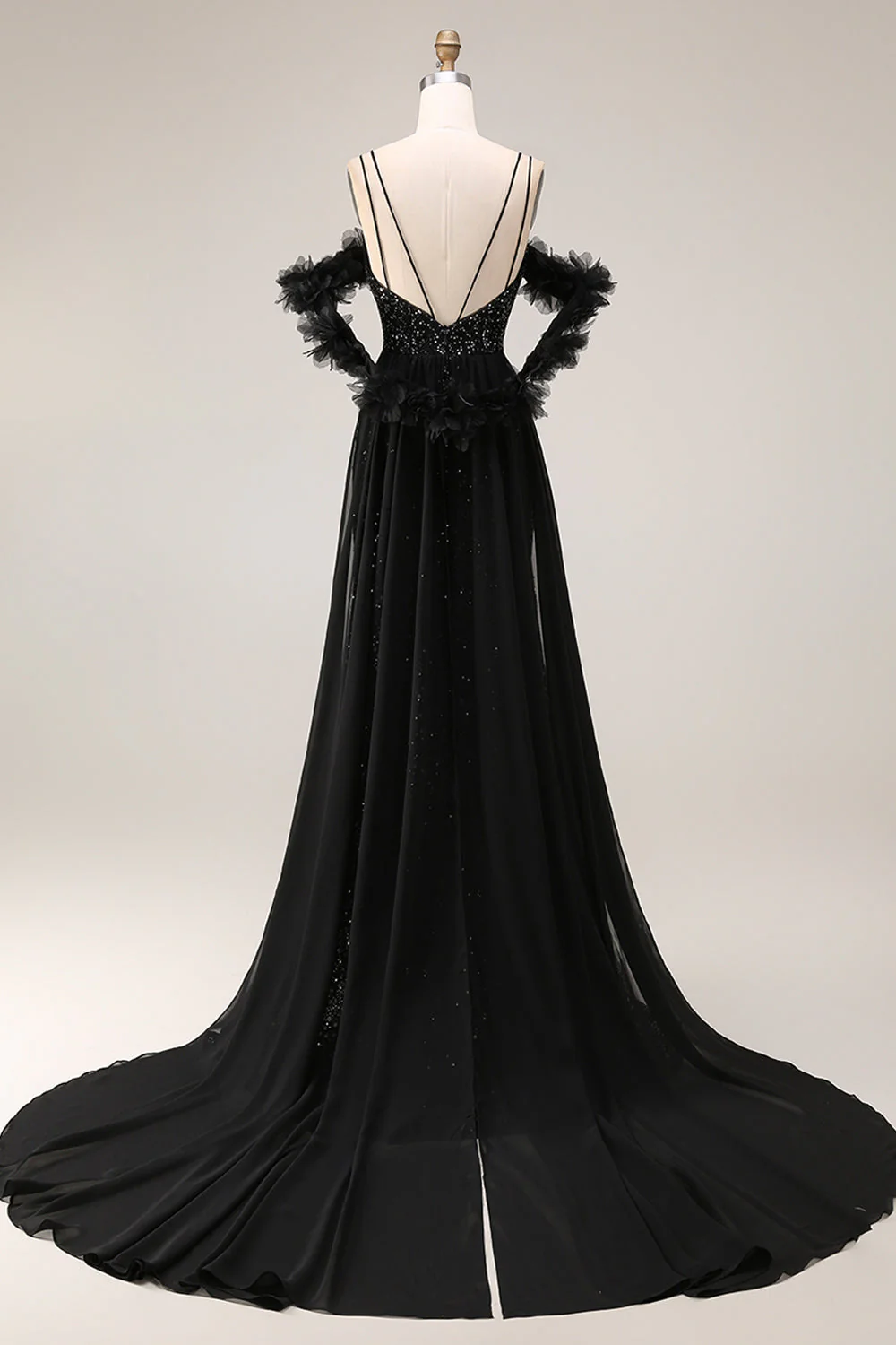 Robe de bal longue de bal à paillettes noires à épaules froides - Image 6