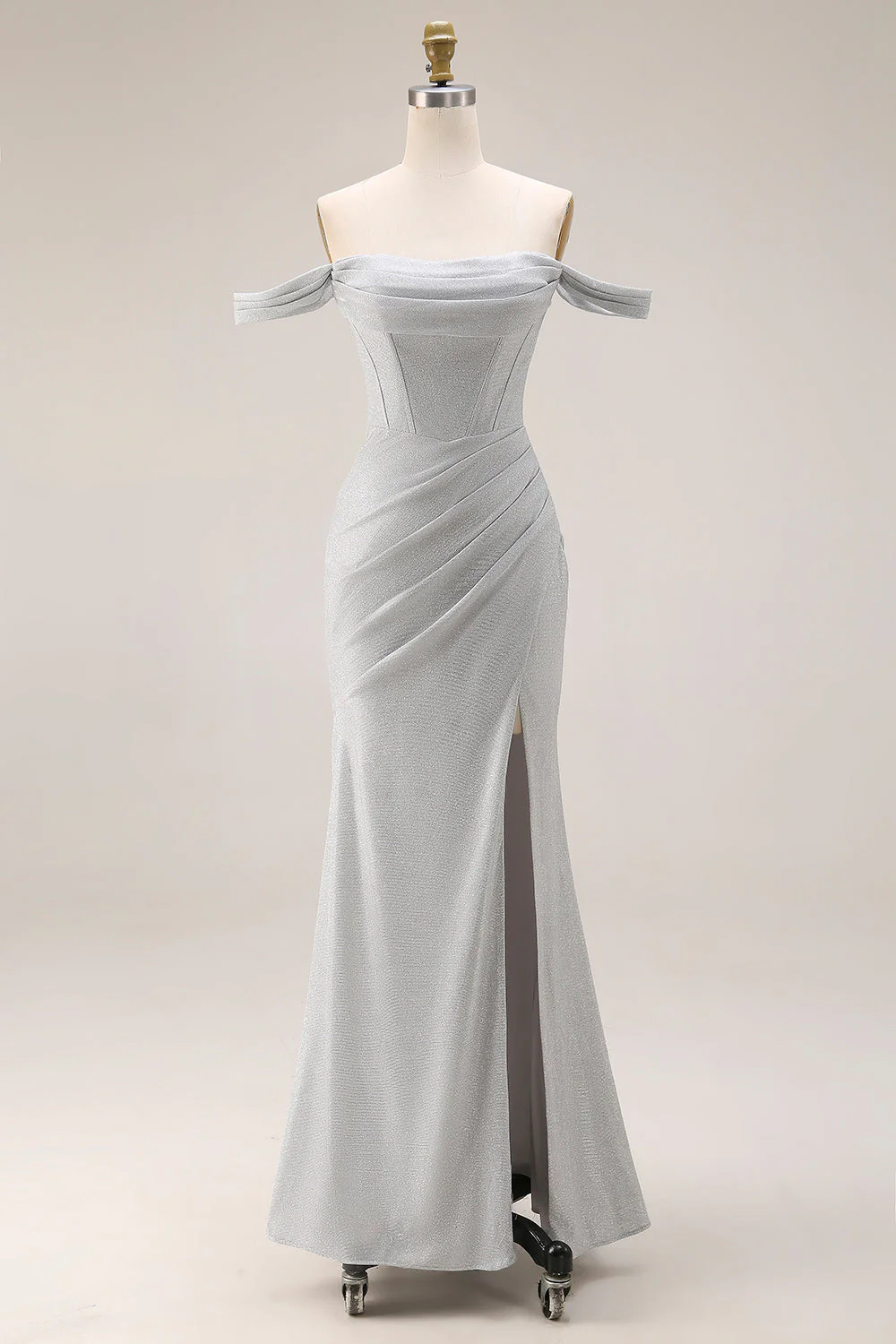 Robe de bal longue de bal à plis plissés en sirène gris clair avec fente