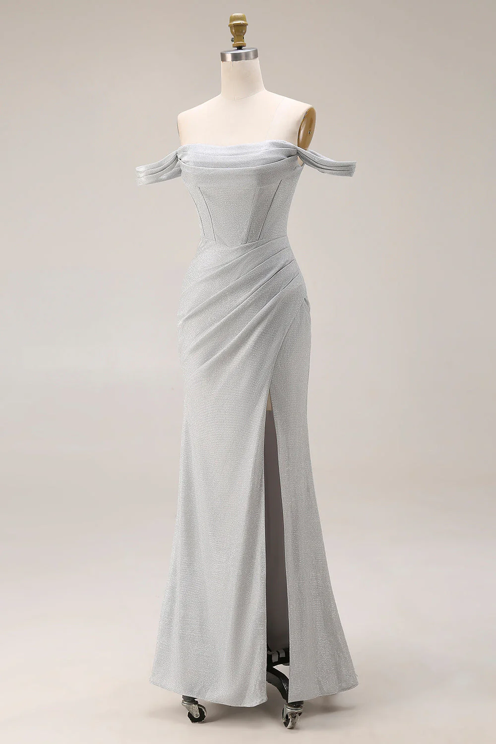 Robe de bal longue de bal à plis plissés en sirène gris clair avec fente - Image 3