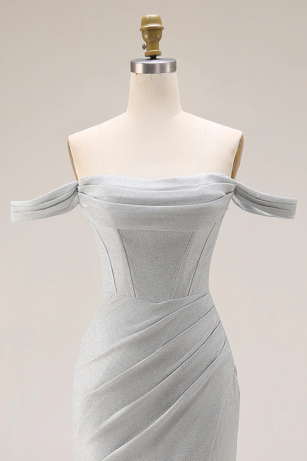 Robe de bal longue de bal à plis plissés en sirène gris clair avec fente - Image 4