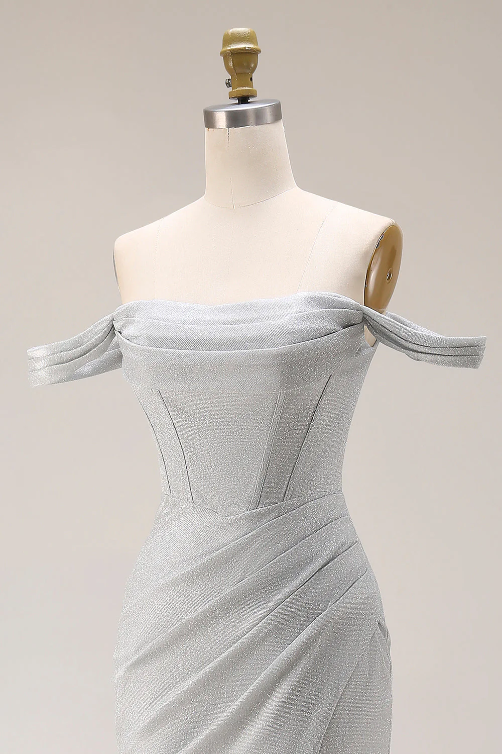 Robe de bal longue de bal à plis plissés en sirène gris clair avec fente - Image 6