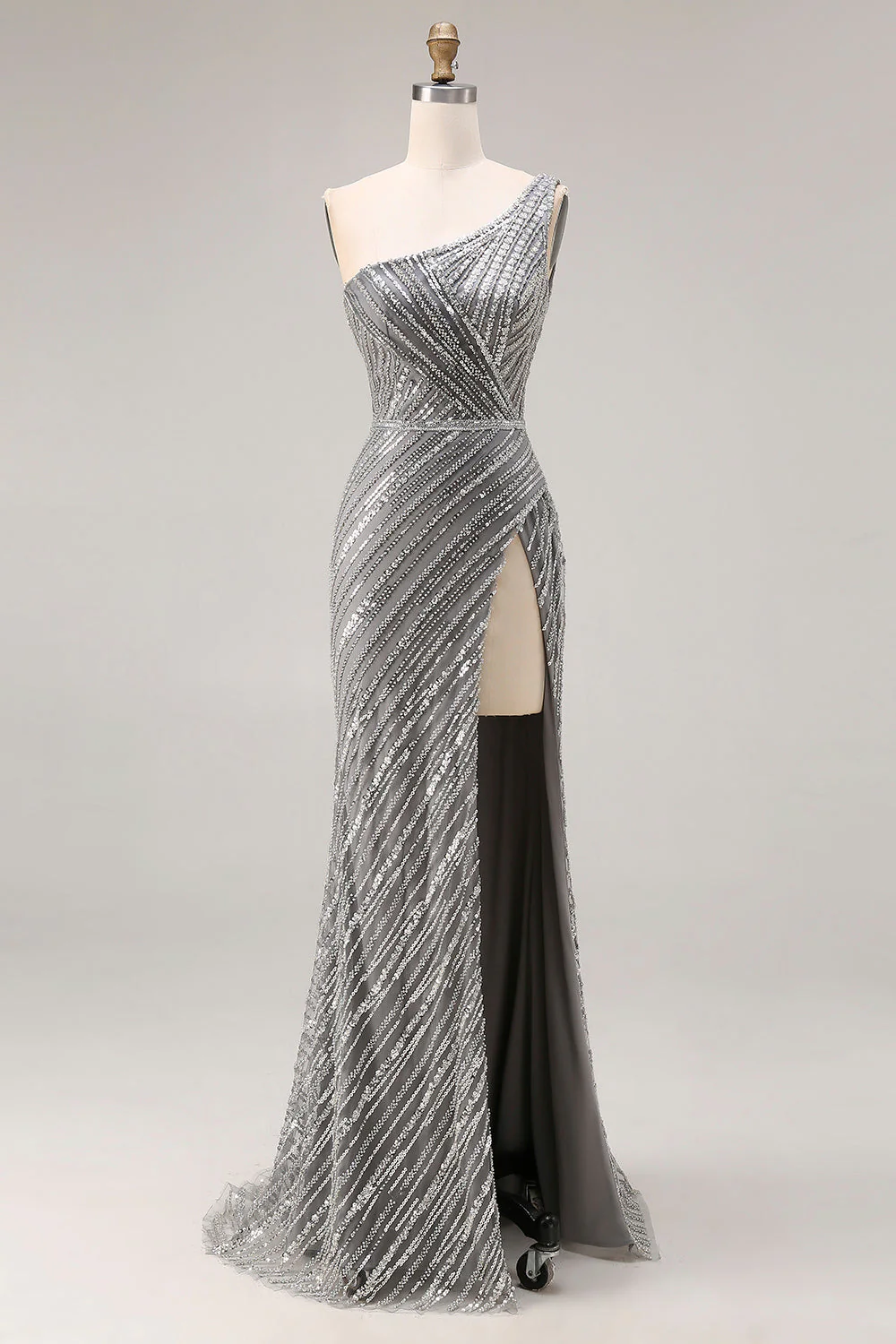 Robe de bal longue de bal argentée argentée à paillettes et sirène à une épaule avec fente