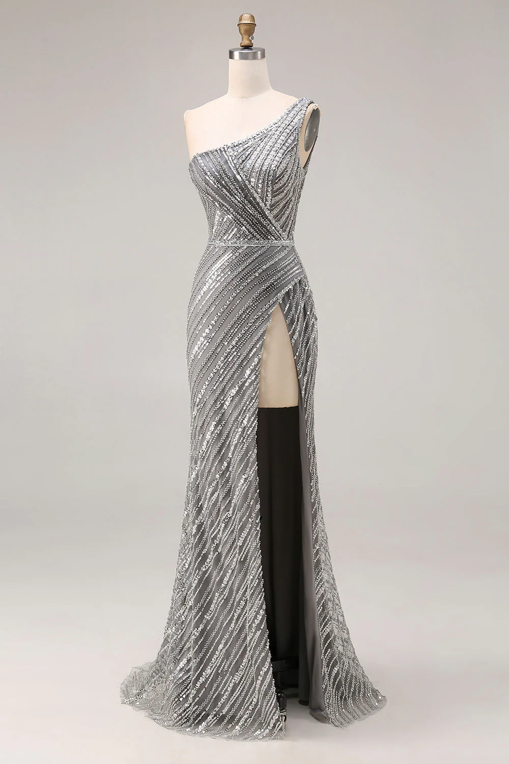 Robe de bal longue de bal argentée argentée à paillettes et sirène à une épaule avec fente - Image 3