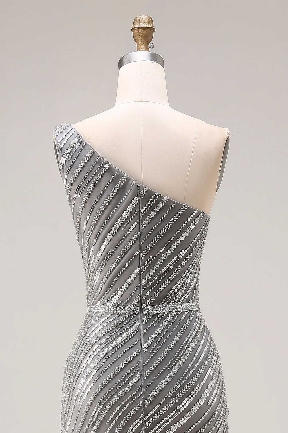 Robe de bal longue de bal argentée argentée à paillettes et sirène à une épaule avec fente - Image 5