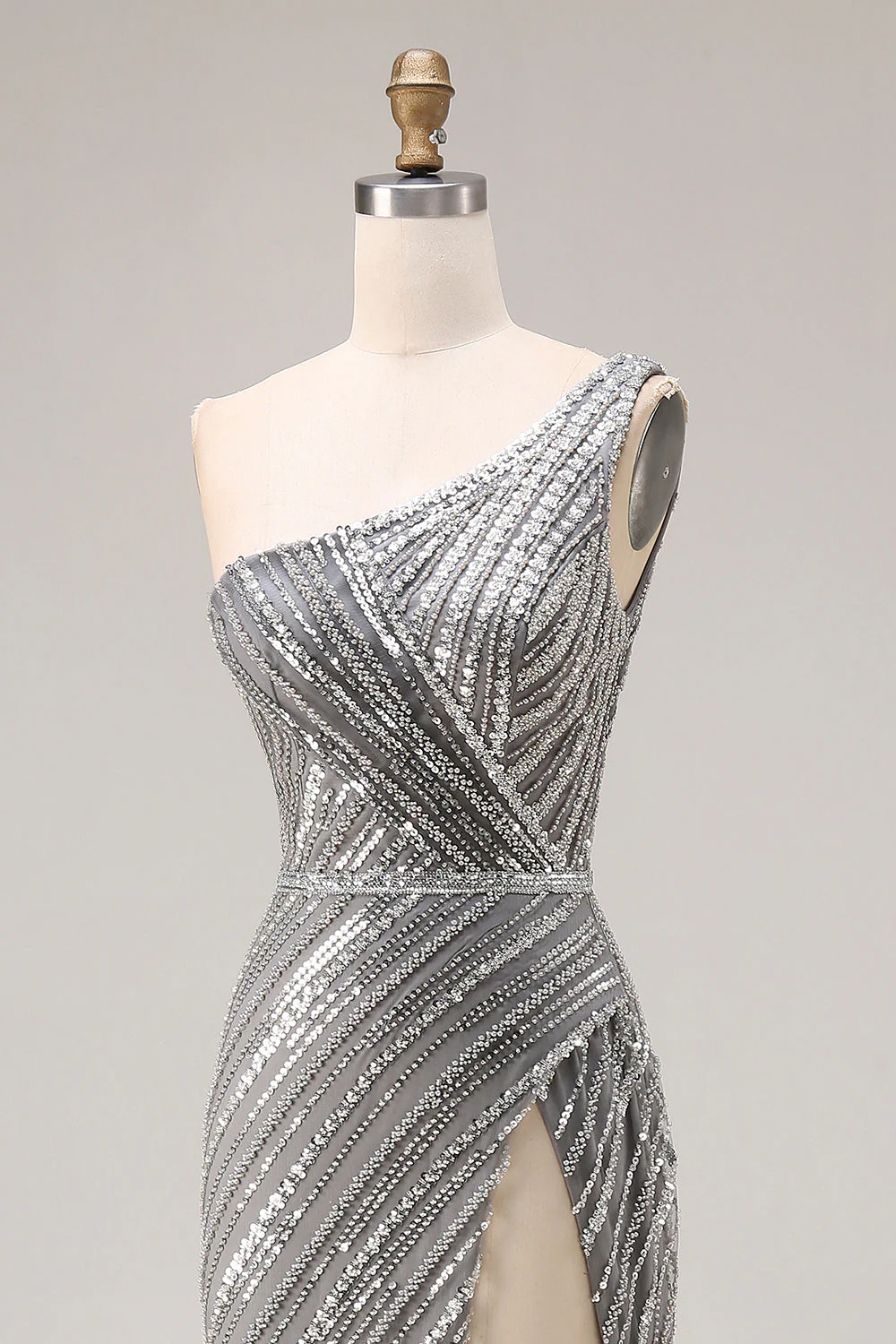 Robe de bal longue de bal argentée argentée à paillettes et sirène à une épaule avec fente - Image 6