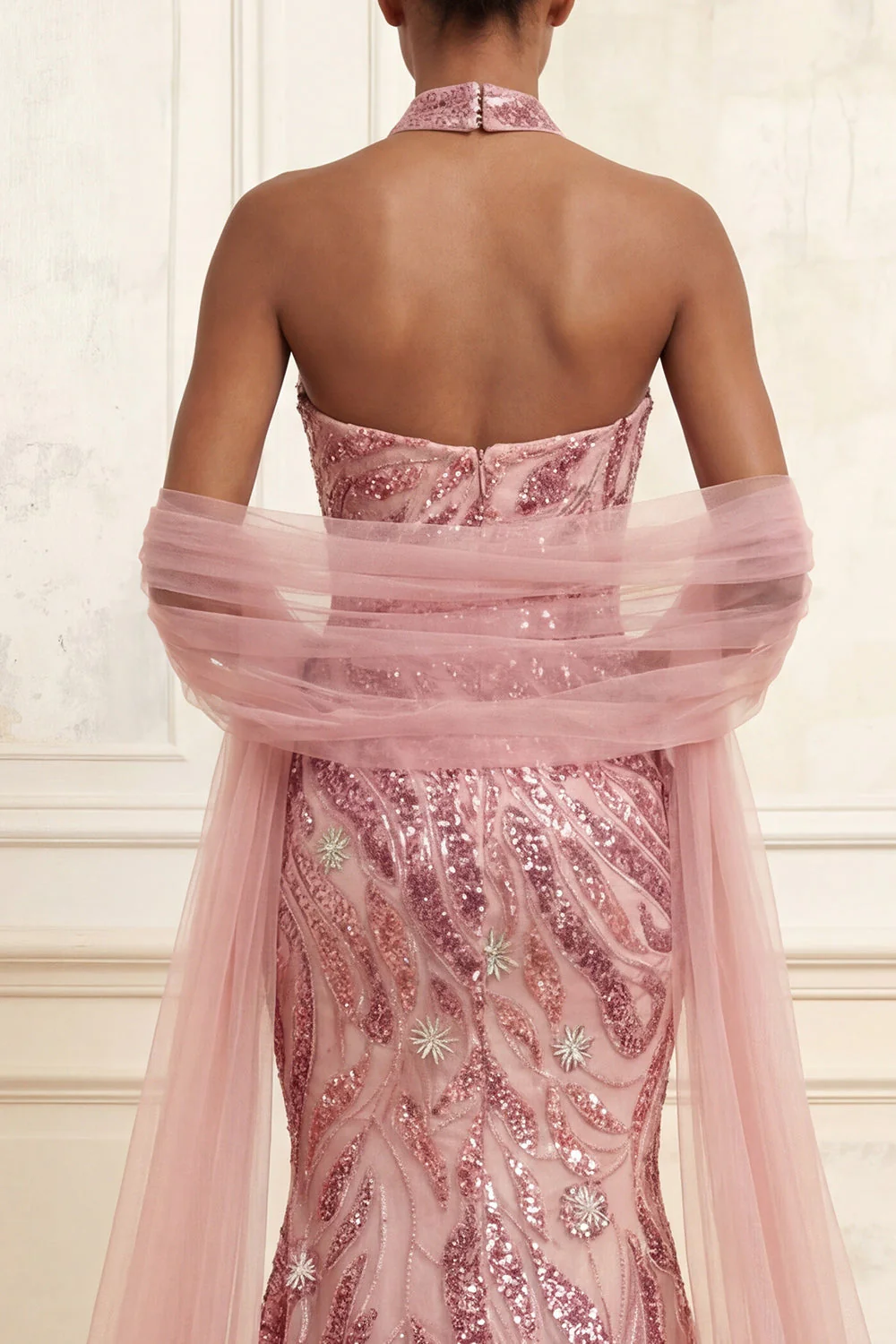 Robe de bal longue de bal avec une cape de promo scintillante rose rose scintillante - Image 4