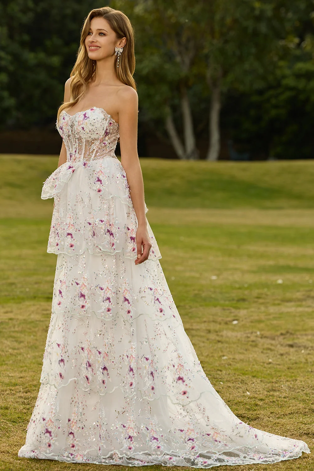 Robe de bal longue de bal blanche à paillettes en lettres brettes en ligne A sans bretelles - Image 5