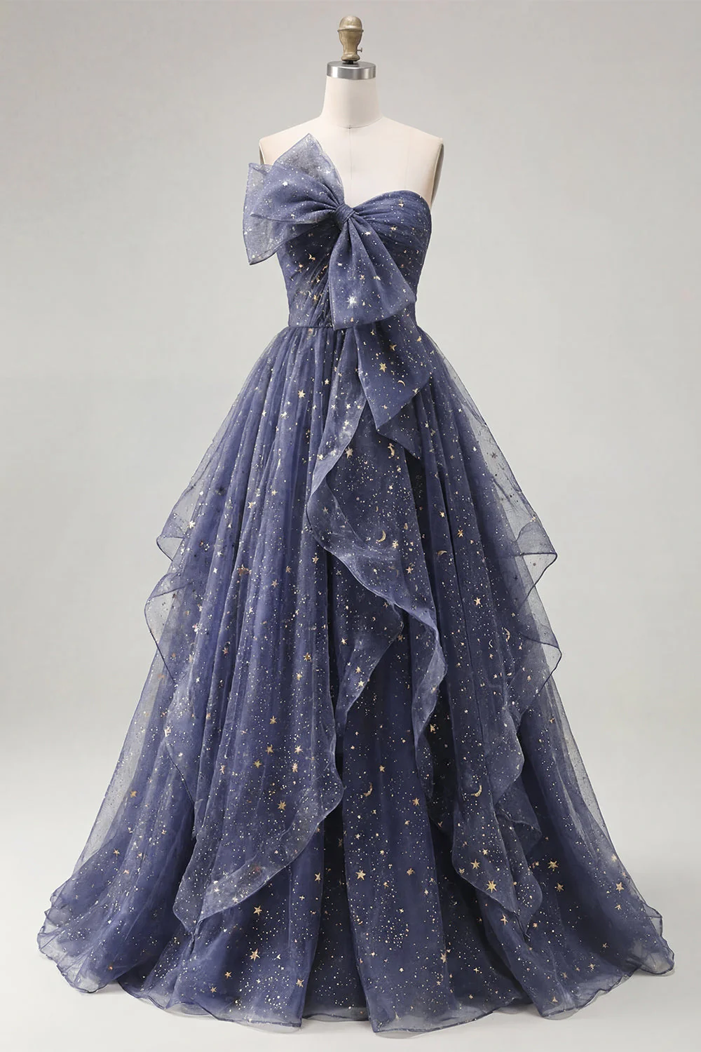 Robe de bal longue de bal bleu poussiéreux sans bretelles avec nœuds à volants en cascade